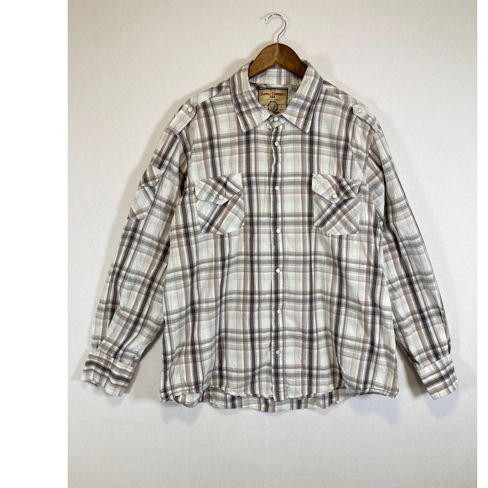 Rugged Utility Supply‎ Company USA Mens XXL Brown Plaid Epaulet Workwear Shirt